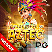 Treasures of Aztec hot game icon with temple and gold artifacts